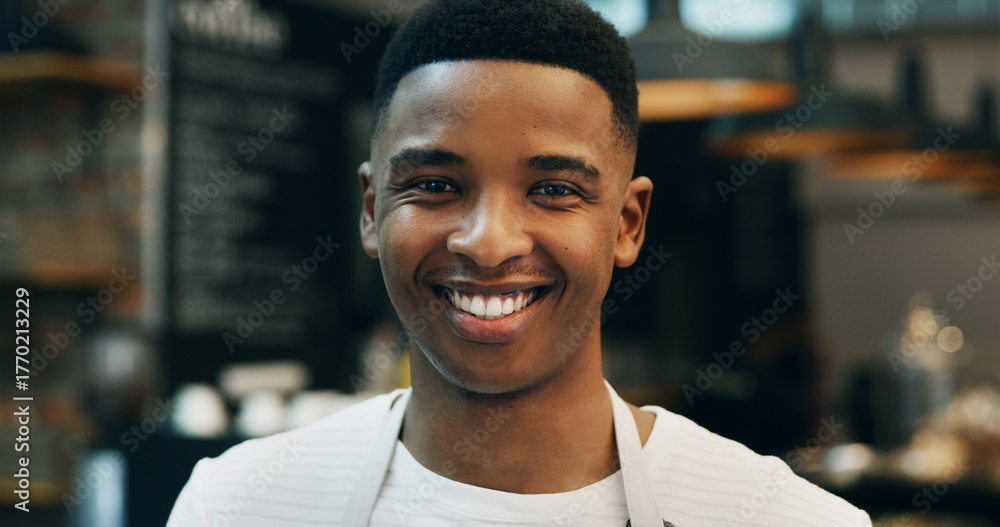 Fototapeta premium Portrait, bakery and black man with smile, small business and confidence with food industry. African person, baker and entrepreneur in kitchen, happiness and pastry chef with pride and hospitality