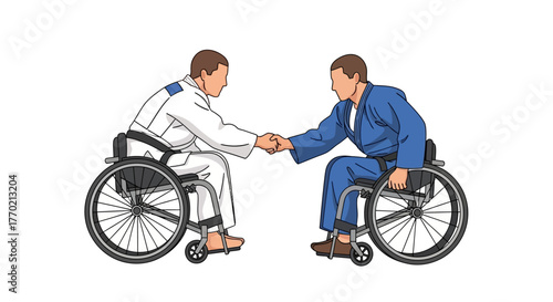 Two adaptive martial artists in wheelchairs shaking hands, illustrating unity, mutual respect, and powerful sportsmanship in disability sports