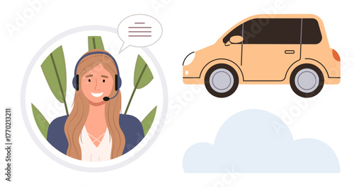 Smiling customer support agent with headset and speech bubble, orange car, cloud accent. Ideal for communication, transportation, ride-sharing, logistics, customer service, online support simple