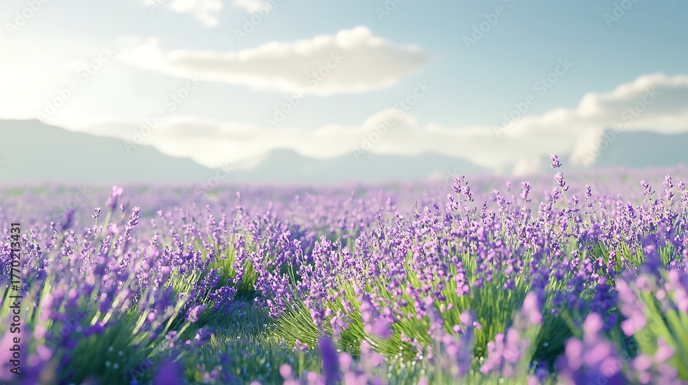 Naklejka premium A field of lavender in full bloom, the soft purple flowers swaying gently in the wind under a clear sky