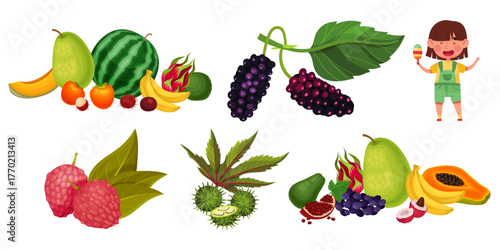 Vibrant assortment of exotic fruits and happy child with popsicle evokes summer freshness and healthy eating, perfect for nutrition and lifestyle content