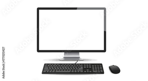 Modern computer setup with blank screen, keyboard, and mouse, perfect for digital presentations and design work