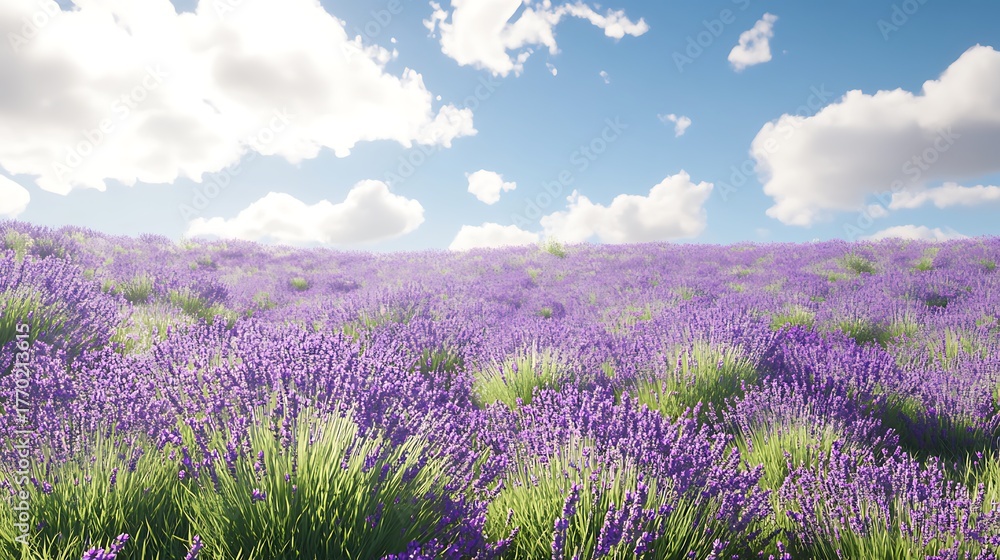 Fototapeta premium A field of lavender in full bloom, the soft purple flowers swaying gently in the wind under a clear sky