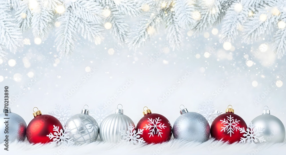 Fototapeta premium Elegant Christmas Background with Ornaments, Snowflakes, and Snowy Branches.