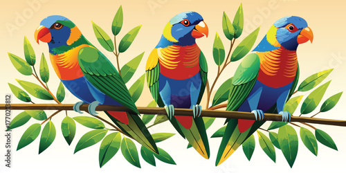 Bright tropical parrots with vibrant color and feather on a branch in the jungle, available as a vector illustration