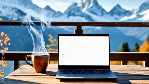 Laptop and steaming coffee cup on wooden table with mountains view  