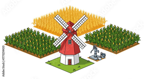 Charming isometric farm illustration with a traditional red windmill, corn and wheat fields, and a hand water pump