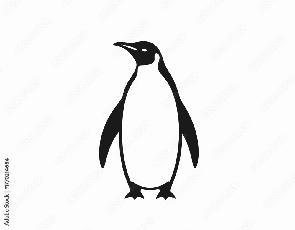 Fototapeta premium Simple black and white illustration of a penguin standing upright on a white background.