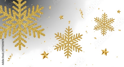 Golden Glitter Snowflakes And Stars Falling On Gradient Background With Confetti And Ribbons
