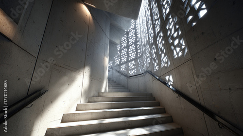 A contemporary staircase with natural light illuminating the scene, creating captivating shadows and patterns
