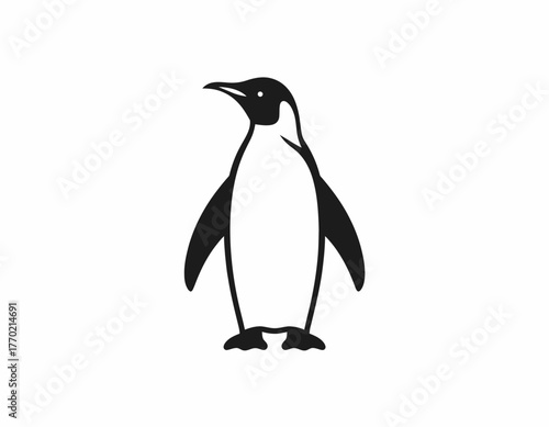A stylized black and white illustration of a standing penguin, facing left.