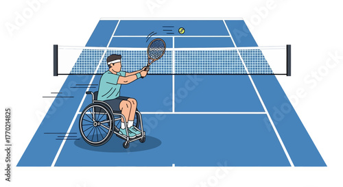 Wheelchair tennis player in action on a blue court with a net