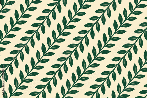 Curved elegant diagonally seamless botanical stems aligned harmony leafchain vector pattern illustration