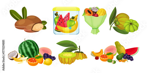 Fresh vibrant tropical fruits arranged creatively, perfect for healthy eating, food blogs, recipe books, or wellness projects