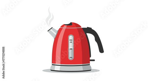 Red electric kettle with steam, isolated on white background, cooking appliance concept