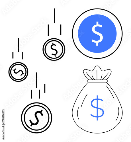 Coins falling with a money bag suggest monetary gain, investment, revenue, savings, or economic success. Ideal for finance, banking, economy savings revenue budget planning earnings. Simple flat