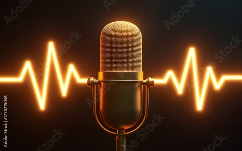 Golden podcast banner with studio microphone, electric neon sign and luminous waveform. High quality