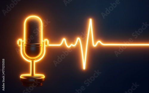Golden podcast banner with studio microphone, electric neon sign and luminous waveform. High quality