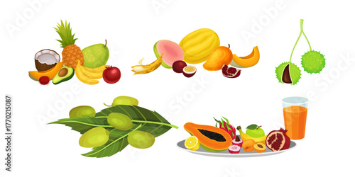 Vibrant assortment of fresh tropical fruits bursting with juicy flavors perfect for healthy eating, juice recipes and summer promotions