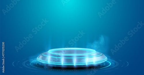 Vector illustration of a futuristic circular platform with luminous rings and holographic glow, soft smoke and light beams over a tech floor grid. Gradient blue background for product display, UI, web