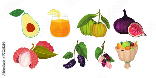 Vibrant and healthy fruit selection with avocado, fig, lychee, and berries, perfect for a fresh, organic diet plan