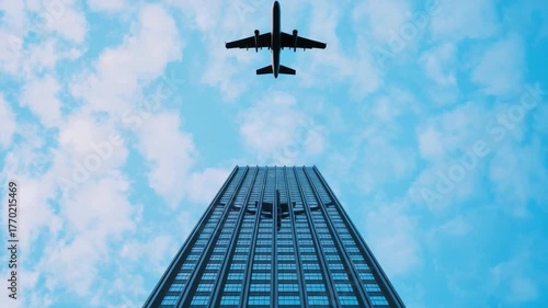 Airplane Flying Above Tall Skyscraper Under Clear Blue Sky in Urban Environment During Daytime 4k video footage