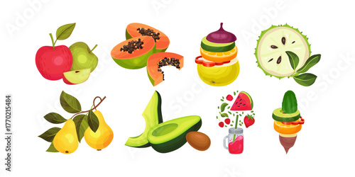 Vibrant and healthy fruits and vegetables arranged in a dynamic and colorful composition, perfect for wellness and nutrition concepts