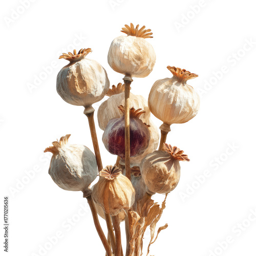 Dried poppy seed pods form a bunch on slender stems on black