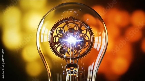 Mechanical gears inside glowing light bulb. seamless looping 4k video background