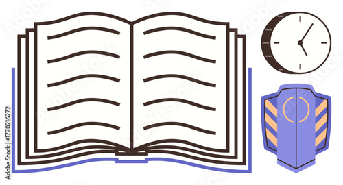 Open book with neatly layered pages, clock indicating time management, and shield symbolizing protection. Ideal for education, learning, studying, knowledge, productivity discipline and planning. A