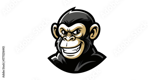 Cartoonish chimpanzee head with a mischievous grin and intense gaze.