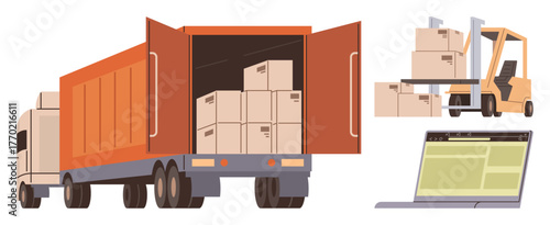 Truck with open cargo full of boxes, forklift lifting crates, and laptop screen display. Ideal for logistics, shipping, warehousing, delivery, inventory supply chain global trade. Simple flat