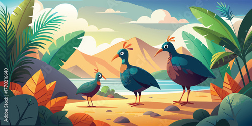 A cute cartoon vector of dark green megapode bird illustrations with wonderful scene, best for postcard or birding design
