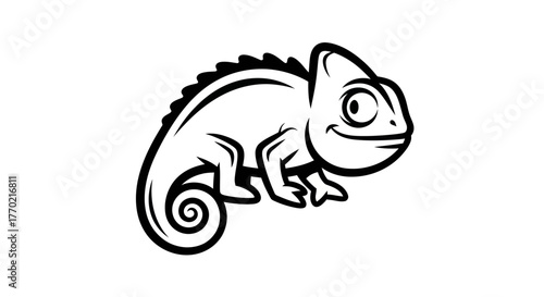 Charming Chameleon Illustration - A Detailed Black and White Cartoon.