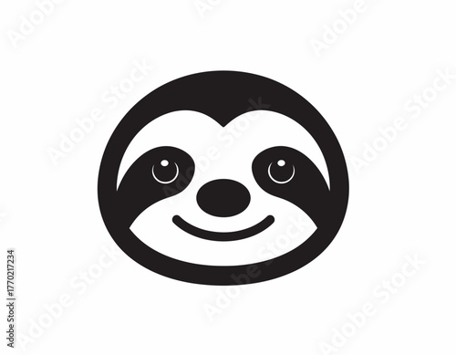 A simplified black and white illustration of a smiling sloth's face, centered on a white background.