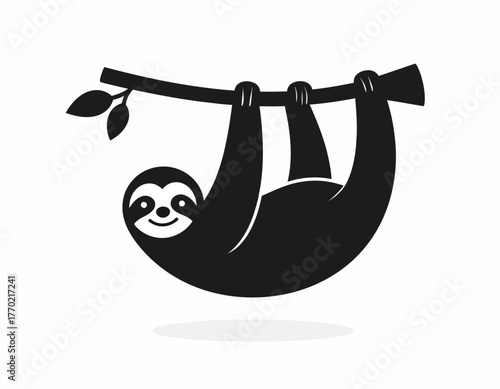 A stylized black silhouette of a sloth hanging upside down from a tree branch, smiling.