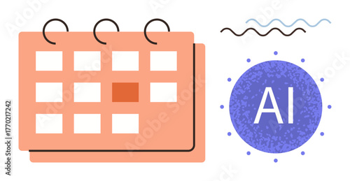 Calendar with highlighted date next to AI label surrounded by abstract elements. Ideal for automation, scheduling, productivity, planning, technology, innovation, and time management. Simple flat