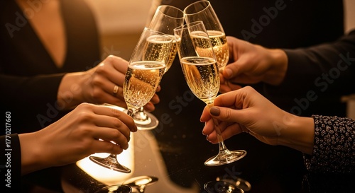 Friends celebrating clinking champagne glasses for a joyous toast at an event