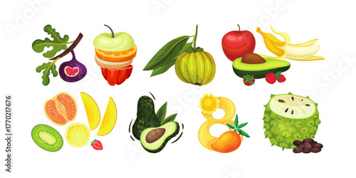 Vibrant and healthy fruit medley featuring fig, apple, avocado, mango, and other fresh produce for wellness and culinary designs