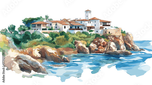 Casapueblo Punta Ballena. Casapueblo Punta Ballena hand drawn watercolor illustration