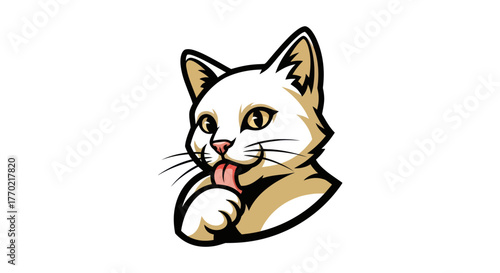 Charming White Cat Licking Paw with Adorable Expression.