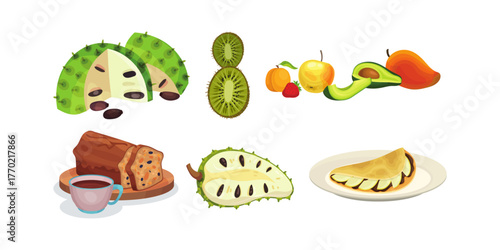 Fresh fruit and breakfast foods like bread, crepes, and kiwi slices ready for a delicious brunch or healthy meal