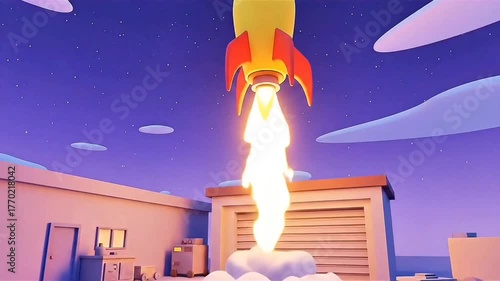 Cartoon rocket launching from workshop at night. seamless looping 4k video background