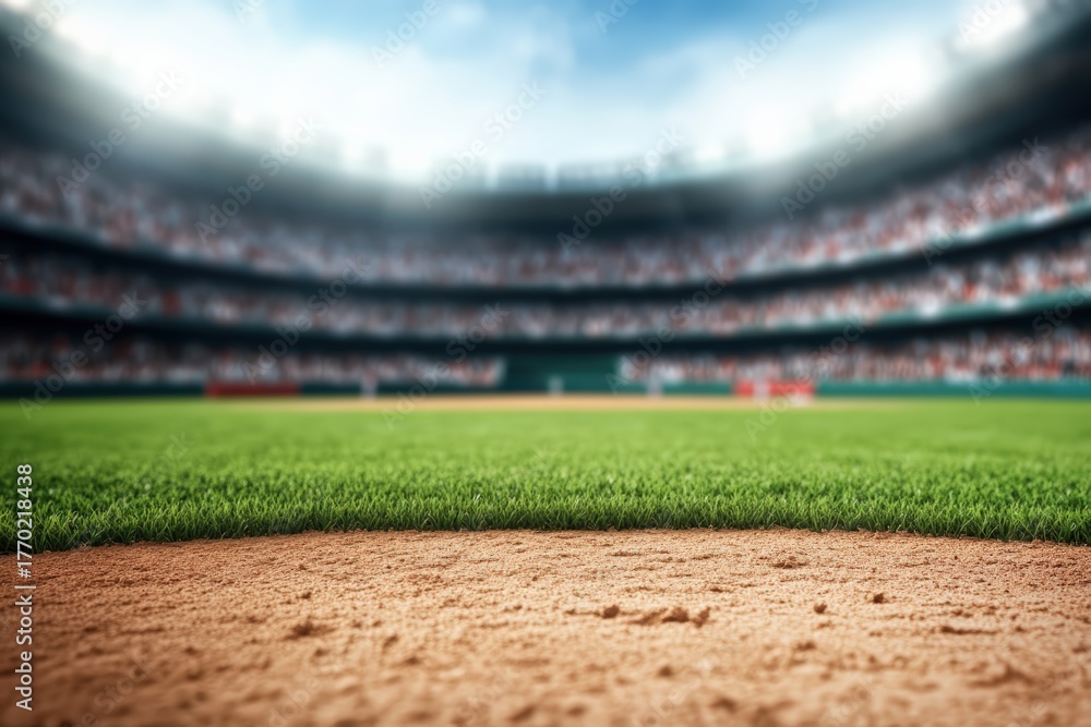 Fototapeta premium Baseball stadium with a green grass field on a sunny day, representing competition, sport, and athletic events