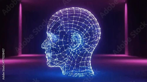 Wireframe human head with glowing neural lines. seamless looping 4k video background