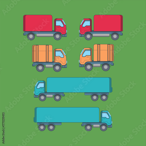Colorful trucks in a neat arrangement showcasing different sizes and colors against a green background perfect for transportation or logistics themed designs and illustrations
