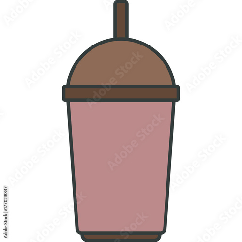 Simple illustration of a pink cup with a brown lid and straw against a white background representing a beverage or drink