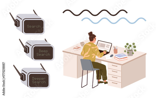 Woman operates laptop at a desk while abstract search monitors suggest layered data processing. Ideal for technology, research, AI, innovation, information flow, creativity, and work productivity. A