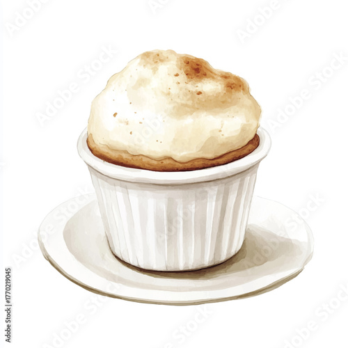 Delicious souffle dessert in a white ceramic ramekin on a plate.