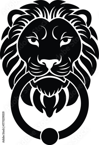 Lion head door knocker vector illustration. Lion door knocker antique decorative architectural ornament vector illustration line icon, silhouette 